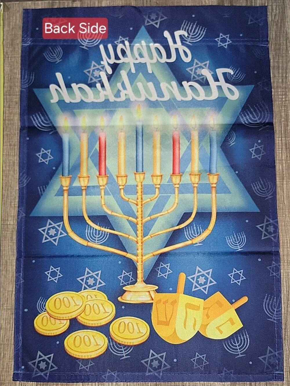 Deco Hanukkah Garden Flag Multi-colored. Hanukkah Candles, dreidels, & Coins